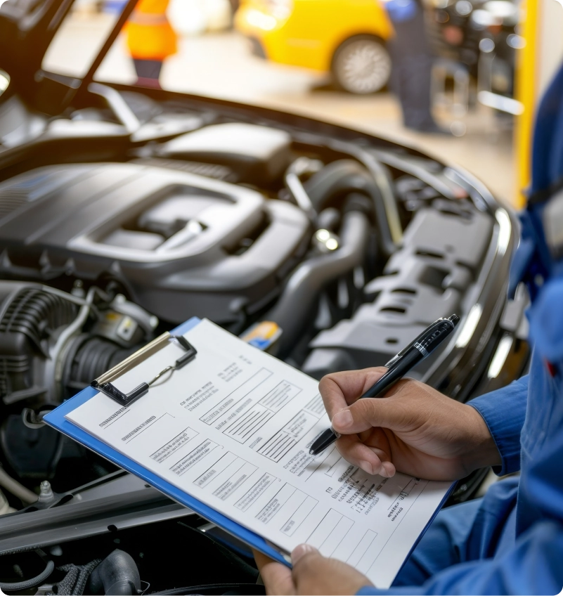 Technician completing an inspection checklist beside an open engine bay